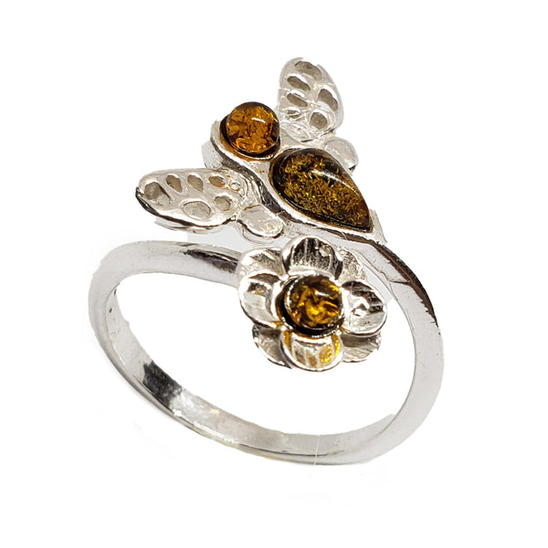 Flower and Bee Green Amber Ring